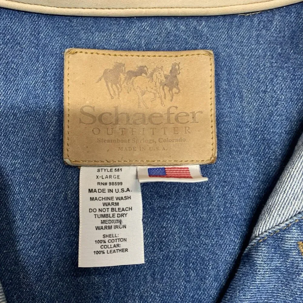 Schaefer Outfitter Legend Denim Jacket Made In USA Men Sz XL Custom Logo SPRUS